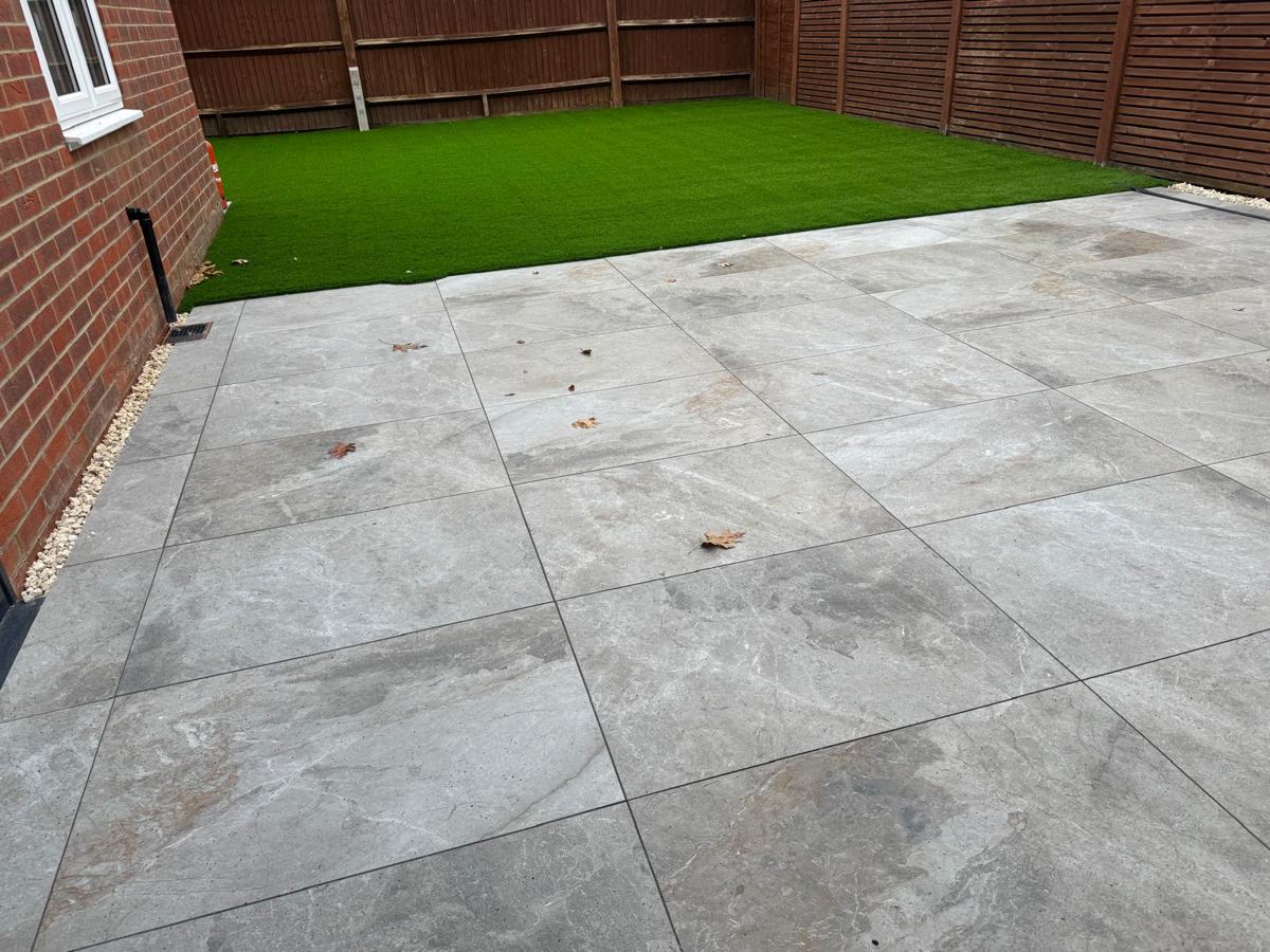 Porcelain patio and new lawn laid to finish the job