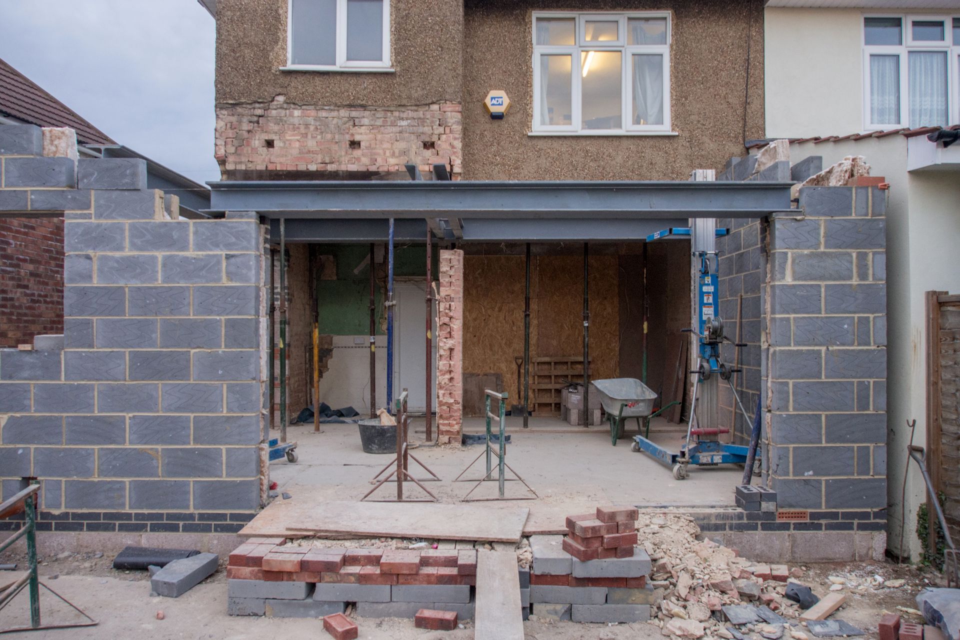 Rear extension under construction with steels and blockwork in, by Build Site in South London